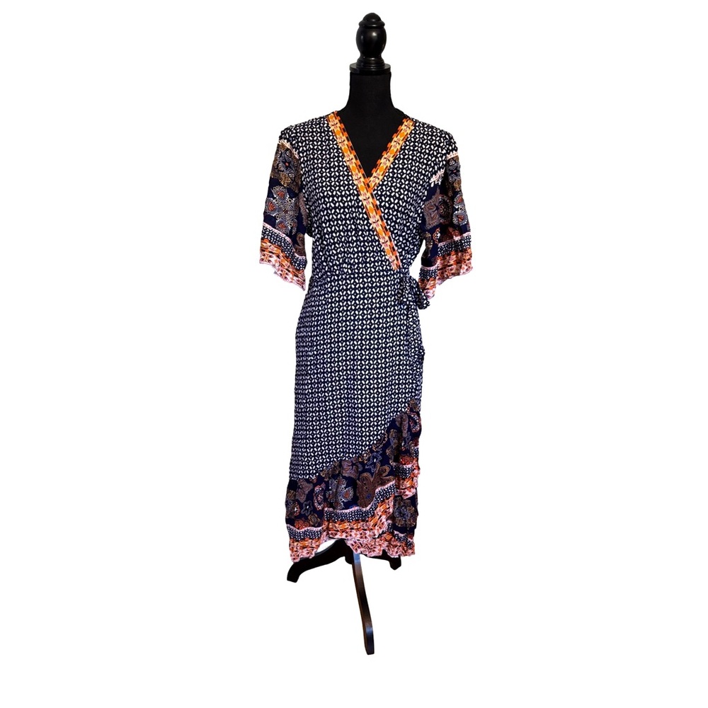 Suzanne Betro Navy and Orange Printed Midi Wrap Dress XL 1X
